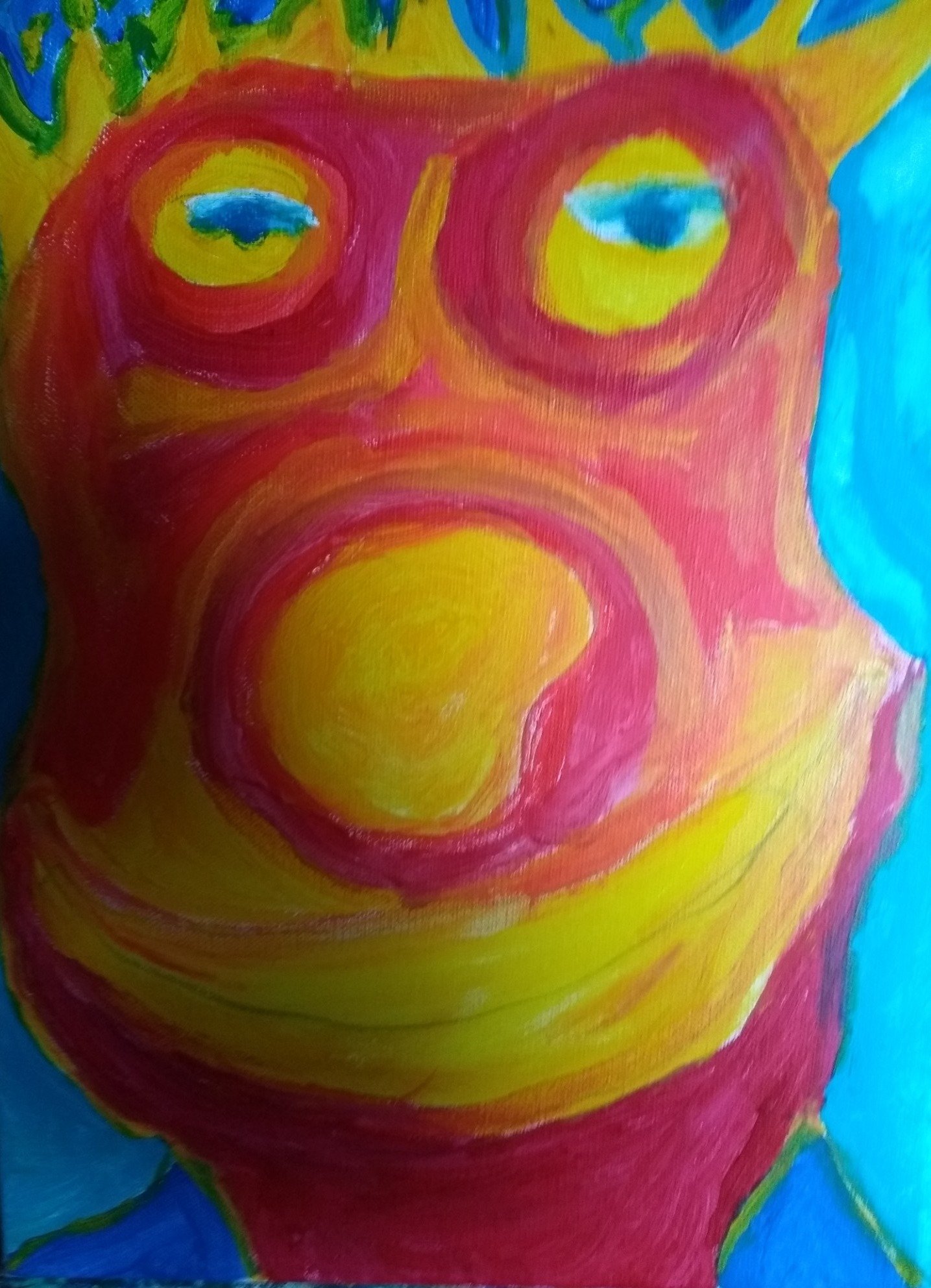 Gemälde von Ralf Bätz, expressionistisch, Gesicht in Rot, Gelb und Türkis