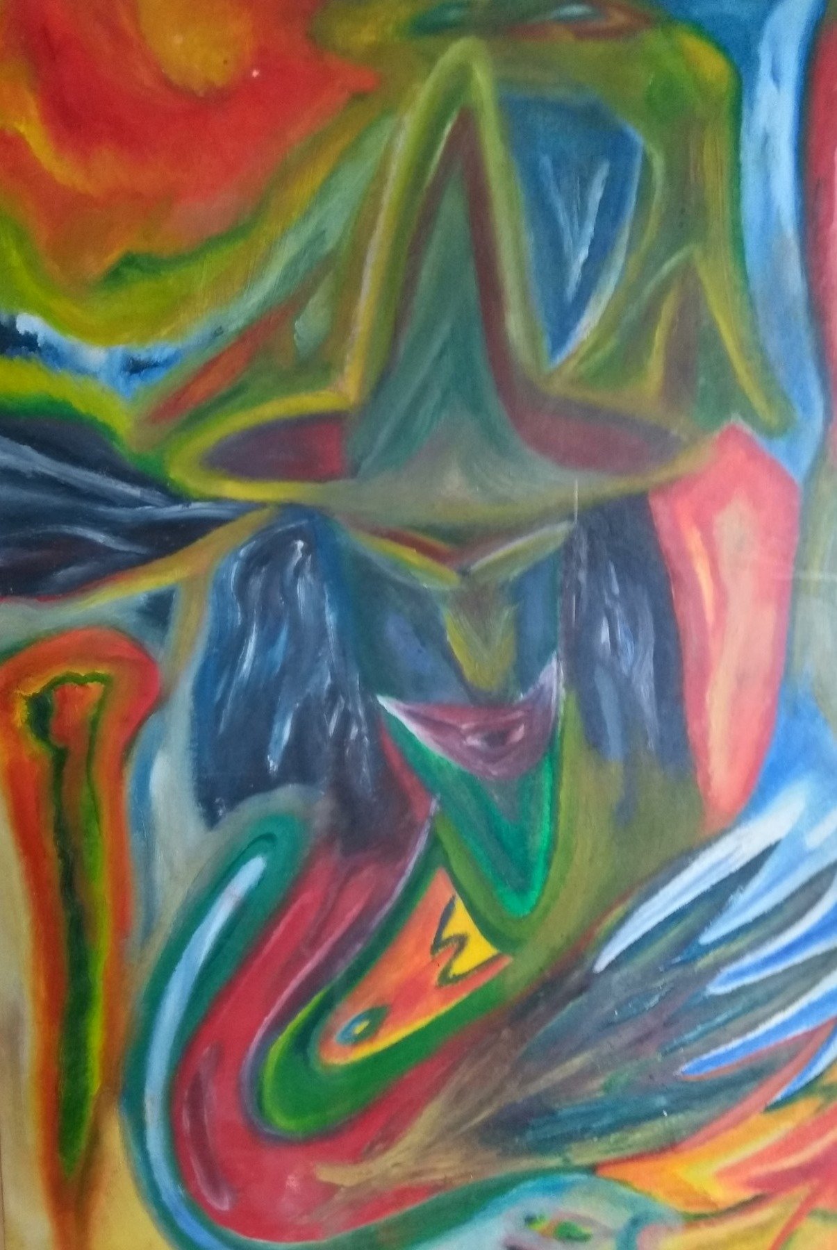 Gemälde von Ralf Bätz, expressionistisch, gerahmt, mit Gesicht in Grün und Blau, umgeben von Rot, Orange und Gelb