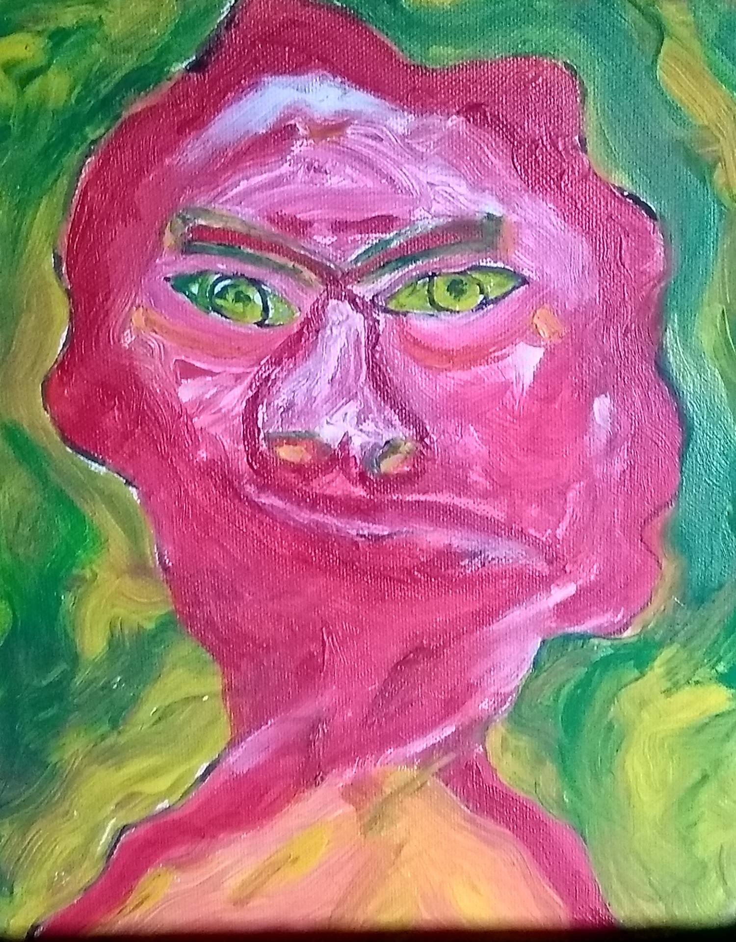 Gemälde von Ralf Bätz, expressionistisches Porträt mit rot-pinkem Gesicht und grünen Augen vor grünem Hintergrund