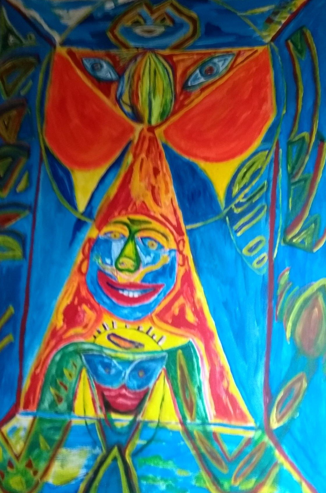 Gemälde von Ralf Bätz, großformatig, mehrere übereinander angeordnete stilisierte Gesichter in Blau, Rot, Orange und Gelb