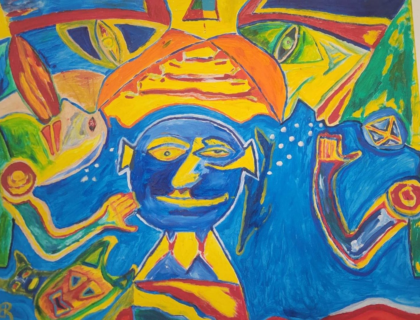 Gemälde von Ralf Bätz, querformatig, blaues Gesicht umgeben von fantasievollen Figuren in Gelb, Rot, Orange und Grün