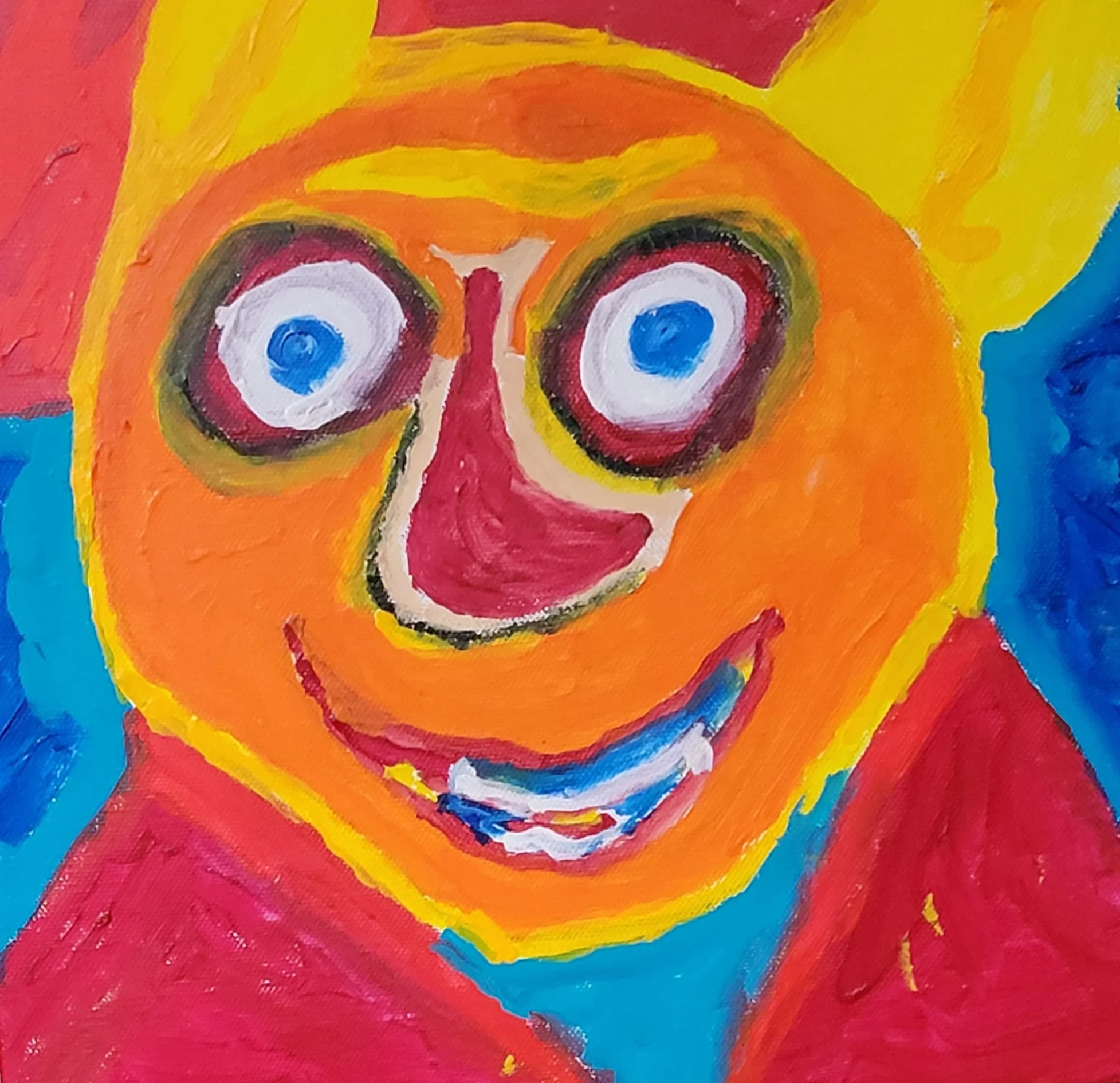Gemälde von Ralf Bätz, lachendes orangenes Gesicht mit blauen Augen vor rot-blauem Hintergrund