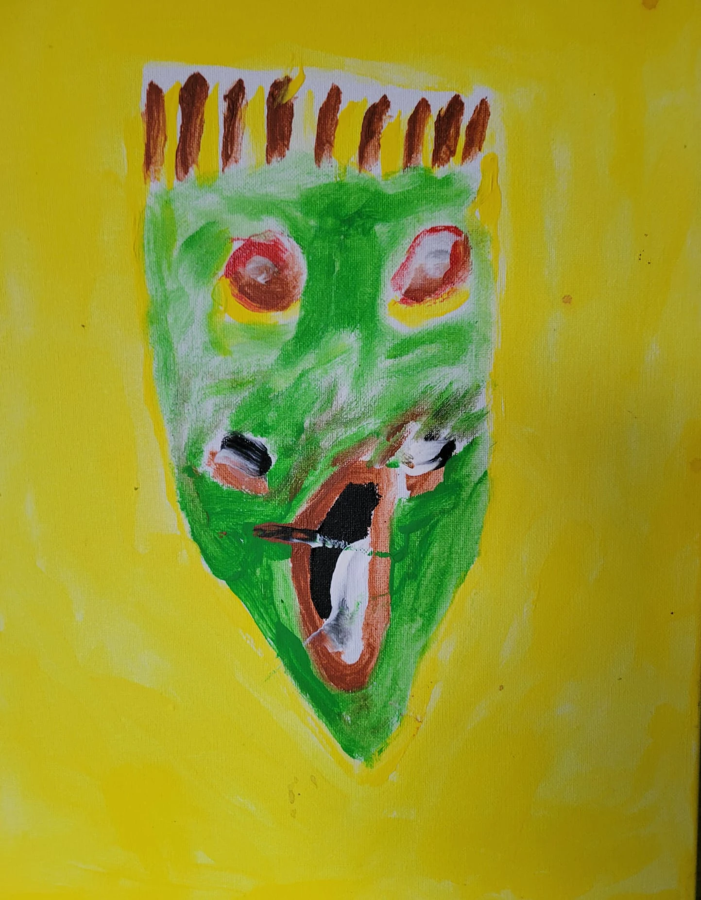 Gemälde von Ralf Bätz, maskenartiges grünes Gesicht mit rot-orangen Augen und offenem Mund vor gelbem Hintergrund