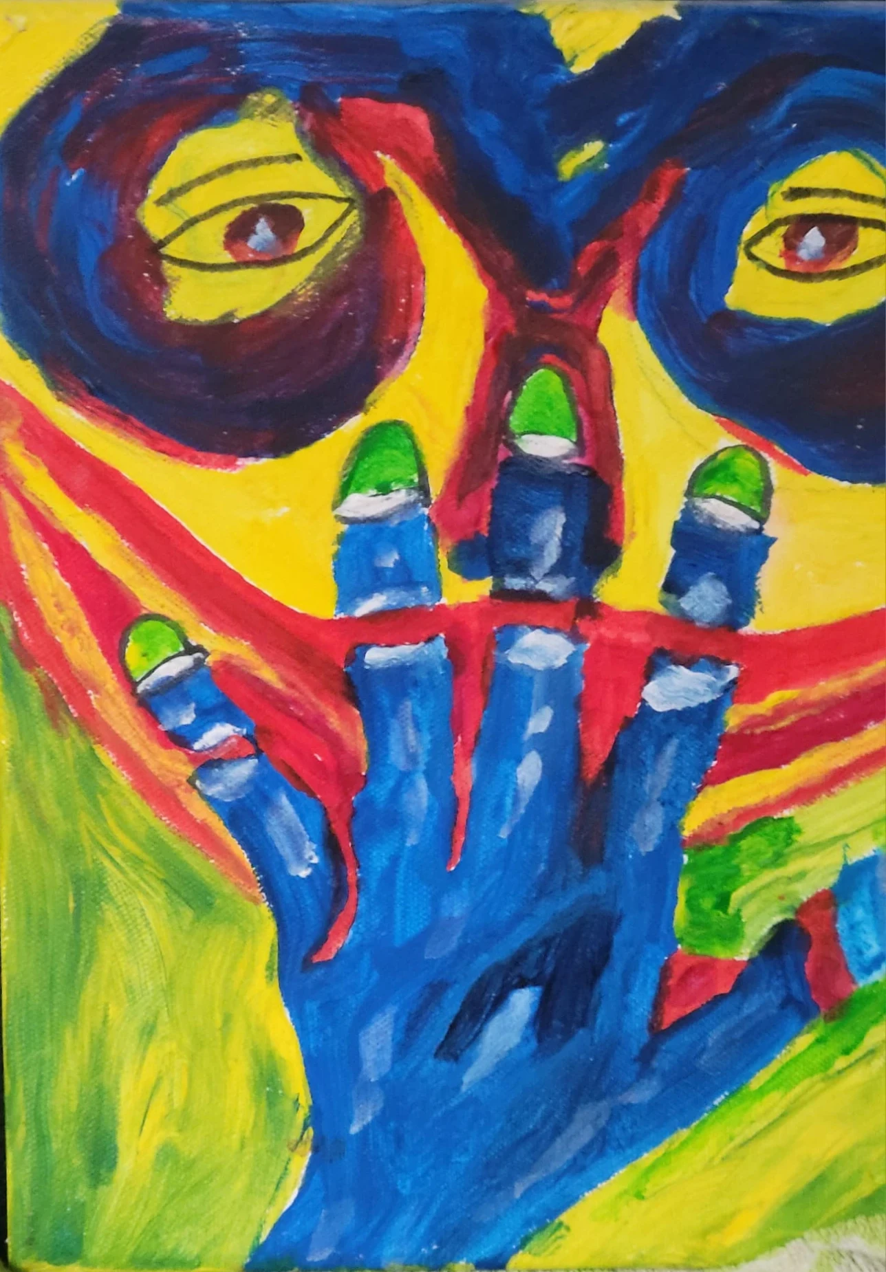 Gemälde von Ralf Bätz, ausgestreckte blaue Hand vor gelbem Gesicht mit zwei Augen, Finger mit grünen Spitzen