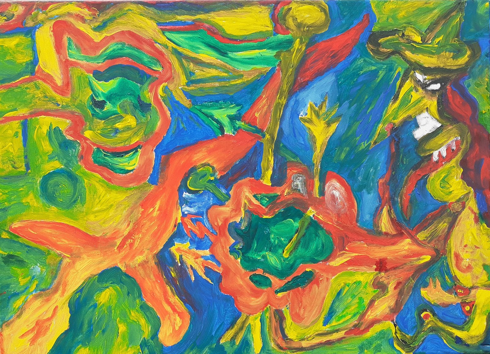 Gemälde von Ralf Bätz, expressionistisch, zwei maskenartige Gesichter in Grün und Gelb-Orange vor türkisem Hintergrund mit wilden Formen in Rot und Blau