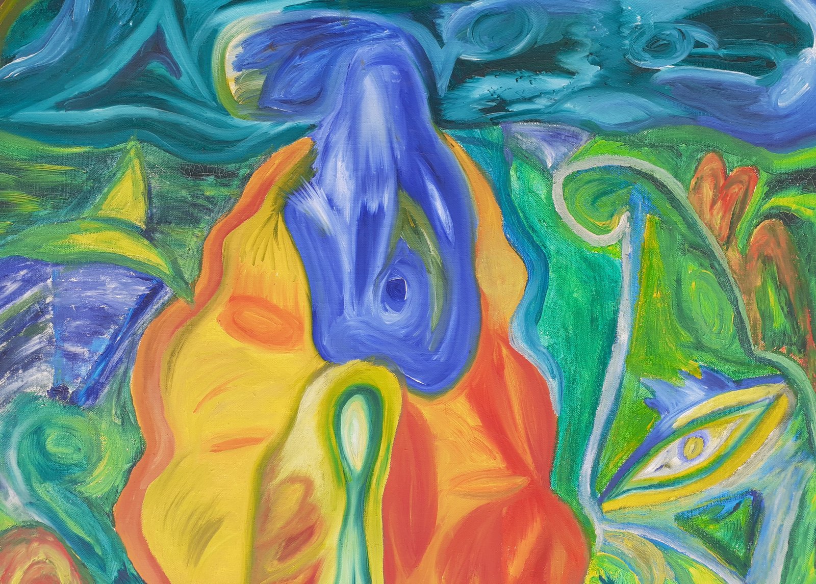 Gemälde von Ralf Bätz, expressionistisch, blaue kerzenartige Form mit einem Auge, umgeben von Flammen in Orange, Gelb und Rot vor türkisem Hintergrund